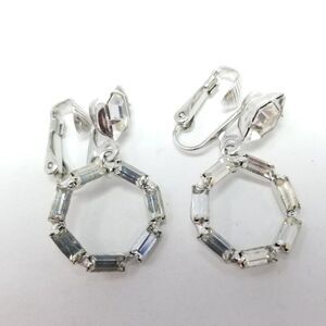 Vintage Rhinestone Dangle Clip On Earrings, Hoop Drop Design, Silver Tone, Retro